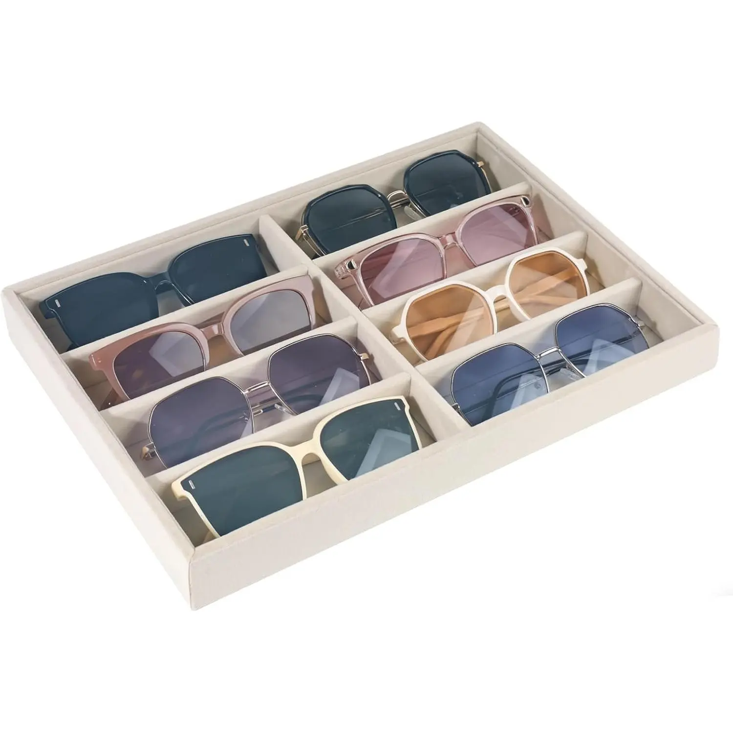 Sunglass Organizer, 8 Grids Beige Velvet Glasses Tray for Eyeglasses Watches Jewelry Display Handmade Craft Storage Box for Home or Shop, Large Capacity 13.8"x9.4" Men Women
