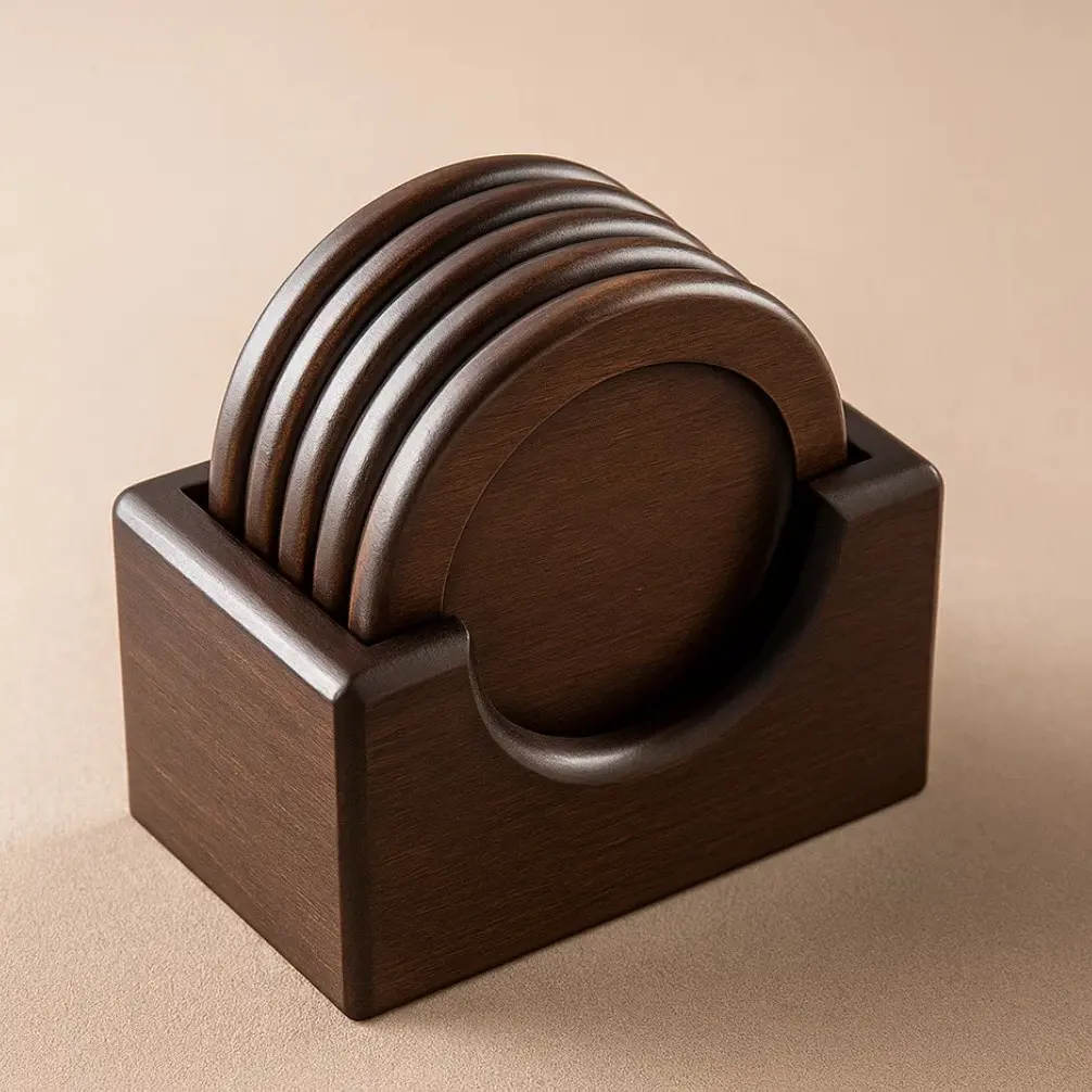 5-Piece Wooden Coaster Set with Holder, Dark Walnut Drink Coasters for Coffee Table, Heat-Resistant Table Protectors for Home, Office & Bar Deco, Decorative Coaster