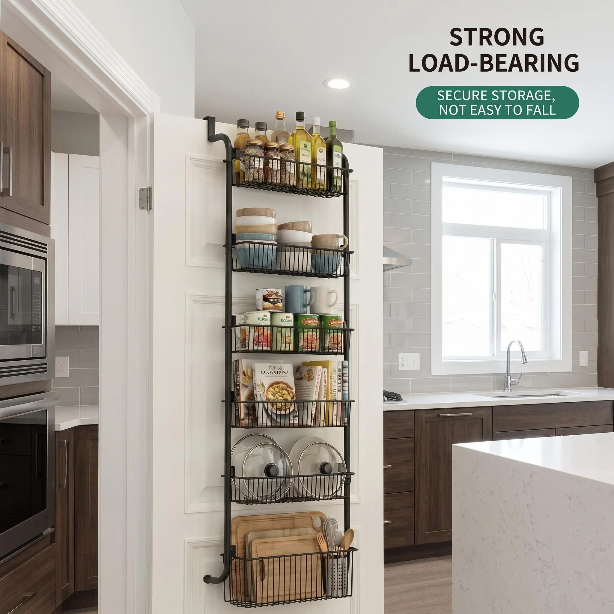 Heavy-Duty 6-Tier Over The Door Pantry Organizer Rack, Black Metal Hanging Spice Storage Shelf with 5 Small Compartments & 1 Large Tier, Multi-Scene Wall Hanging Seasoning Holder for Kitchen Pantry & Laundry Room