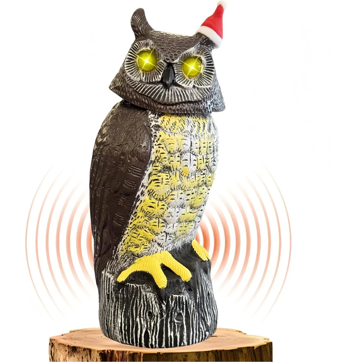 Solar Powered Owl, Motion Detection, Rotating Head, Realistic Hoots and Silent Mode, Outdoor Statue, Sculpture, Owl Decoration with a Christmas Hat for Home, Garden, Patio and Lawn