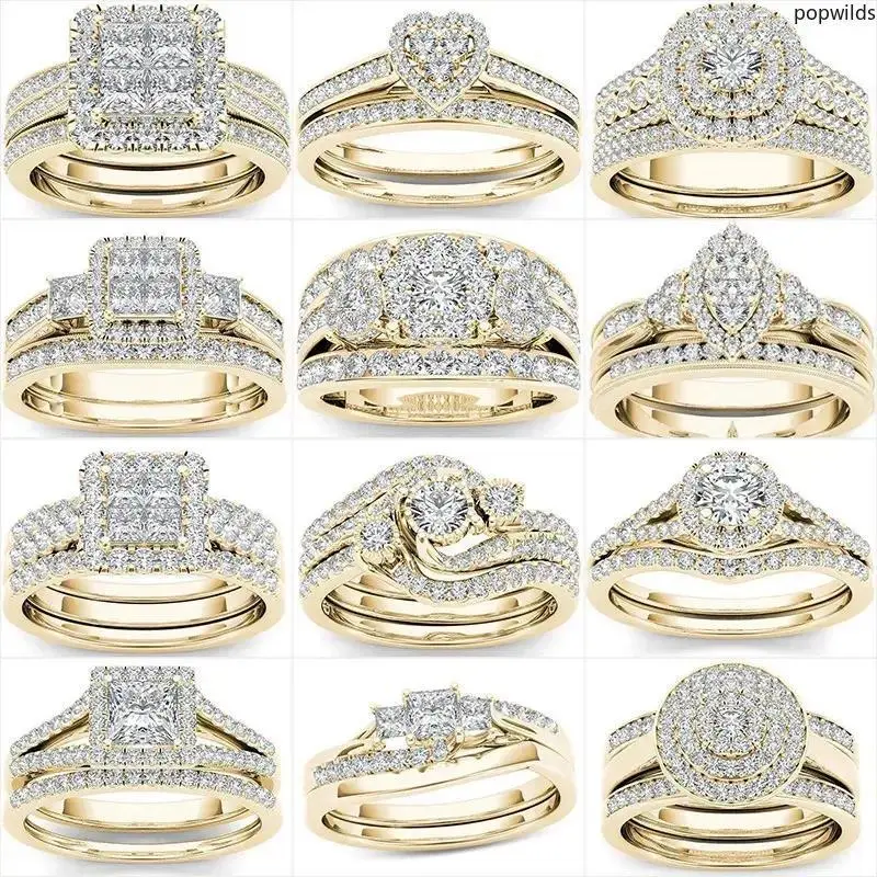Gold-Plated CZ Stunning Matching Ring Set for Lover Pair, Cubic Zirconia Inlaid Promise Rings, Romantic Gift Costume Jewelry Accessories