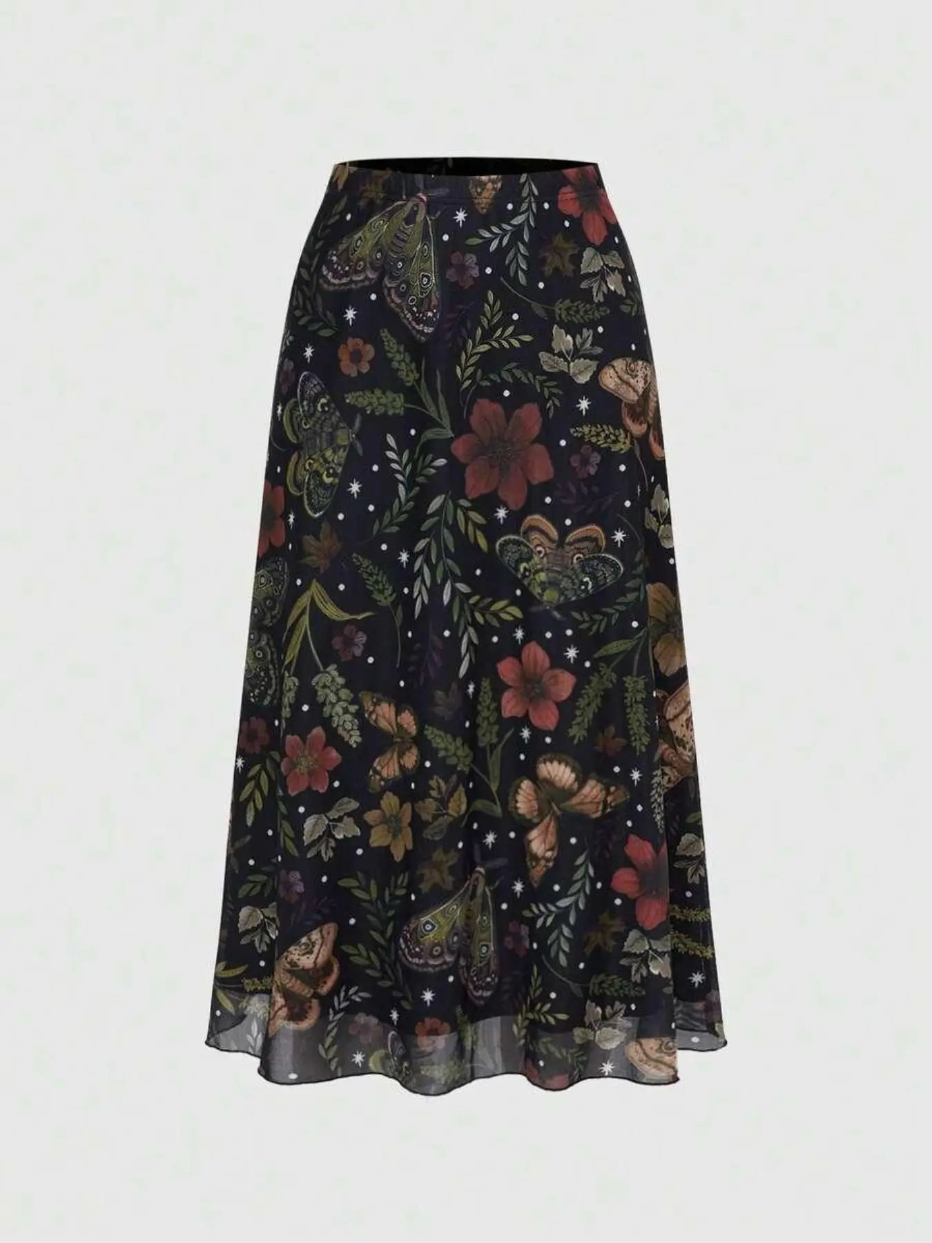 Fairycore Gothic A-Line Skirt, Bohemian, Bat Skull Moon Pumpkin Print, Boho Plant Leaf Butterfly Maple Mushroom Design, Elegant Party Dress, All-Season Long Skirt, Elastic, Bottom