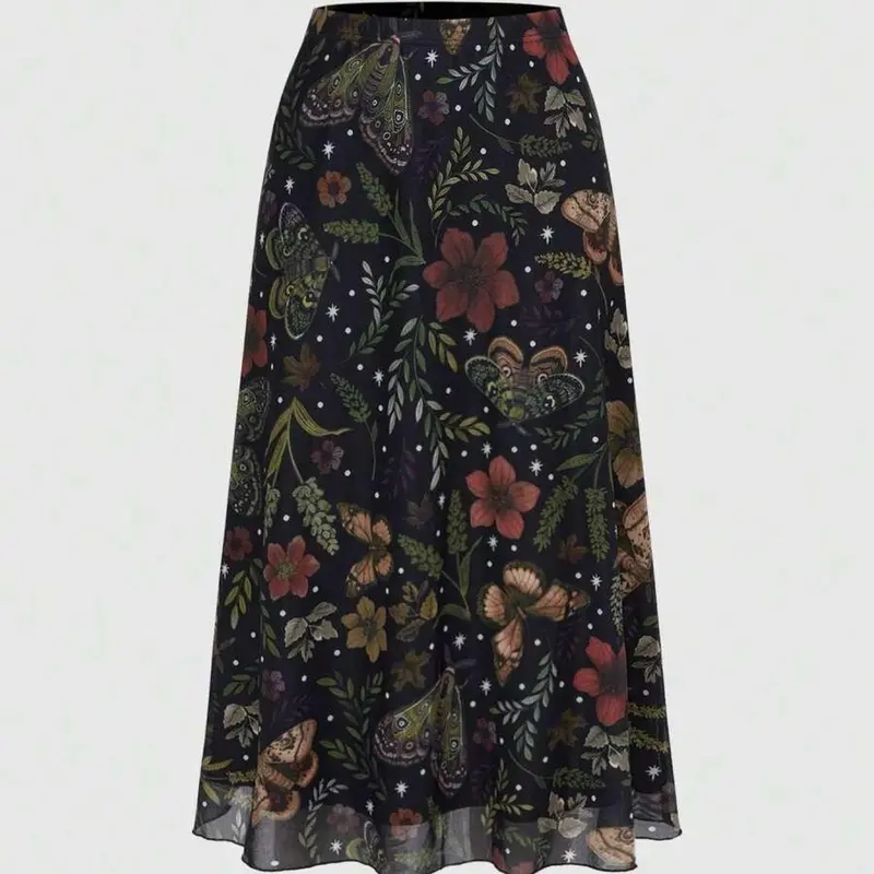 Fairycore Gothic Midi Skirt, Halloween Bat Skull Moon Pumpkin Leaf Print, Elegant A-Line Party Dress, All Seasons Casual Wear