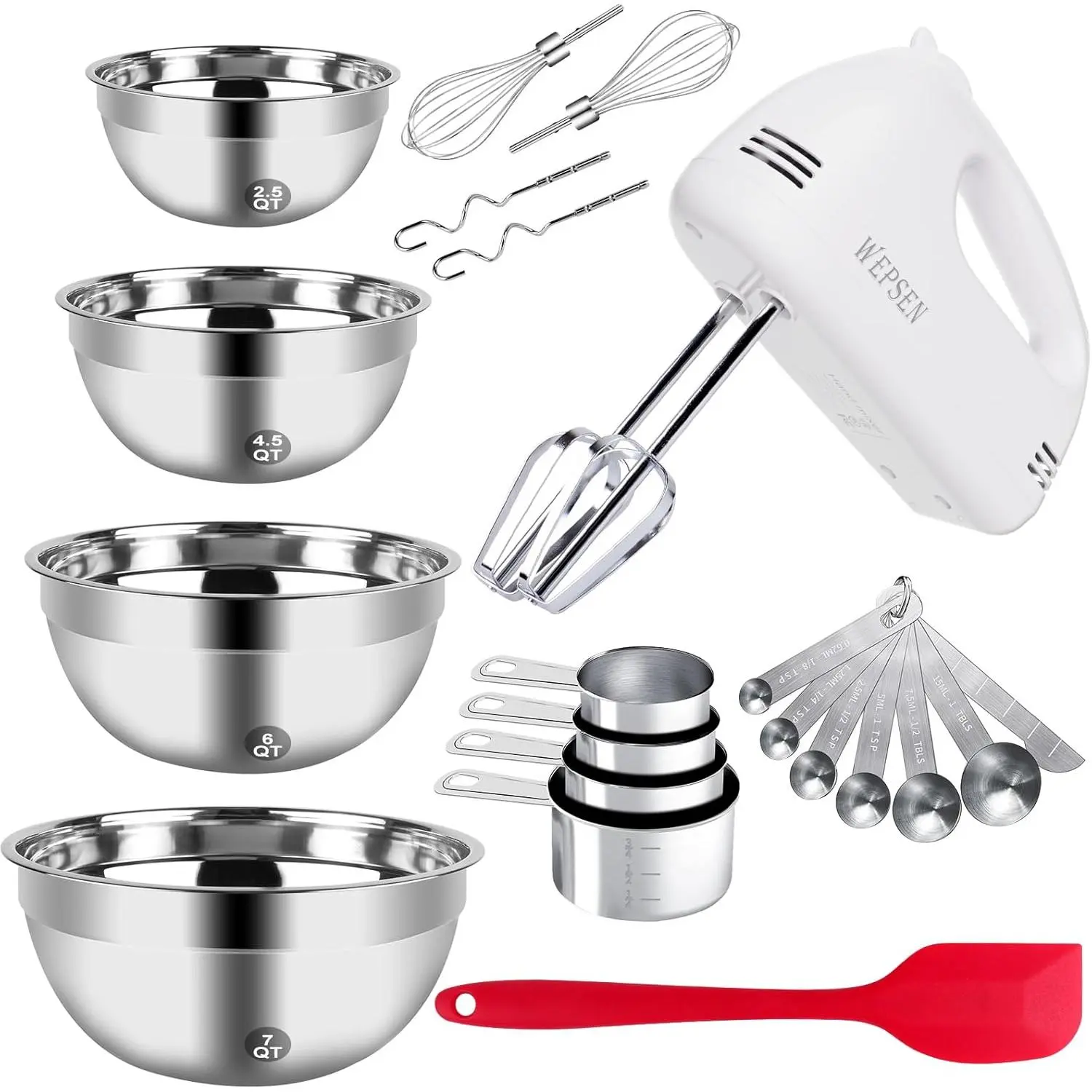 5-Speed Electric Hand Mixer with 4 Large Stainless Steel Mixing Bowls, Whisks, Beater, Measuring Cups & Spoons for Baking