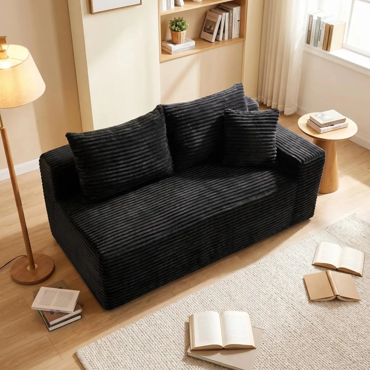 69" Corduroy Compression Small Loveseat Couch, 2 Seater Sofa with Legless Frame, Modular Sofa Couch, Comfortable Loveseat with Modular Design for Living Room and Apartment, Black