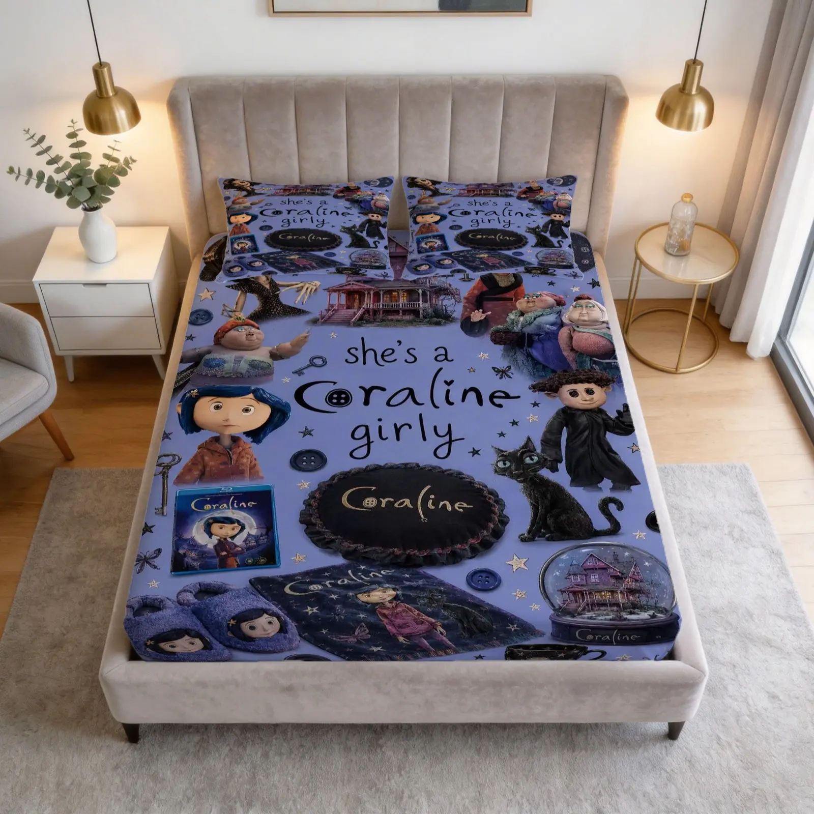 Ghost Mom Coraline Printed Pattern Bed Sheet Set, Halloween Theme, 1 Bed Sheet With 2 Pillowcases (Excluding Pillow Core), Available In Multiple Colors, Suitable For Bedrooms, Dormitories, And Guest Rooms, Suitable As Gifts And Decorations