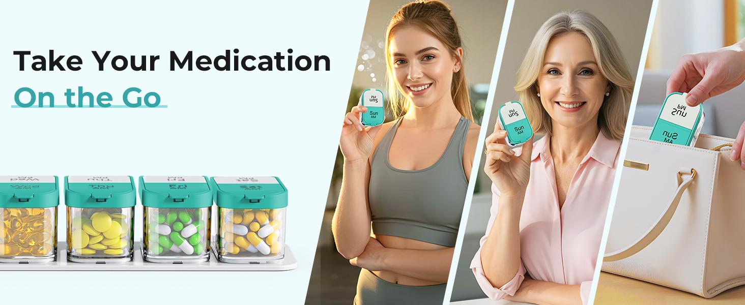 Extra Large Weekly Pill Organizer 2 Times Day, Pill Box 7 Day Am Pm to Hold Daily Medicine Vitamin and Supplements - Cyan