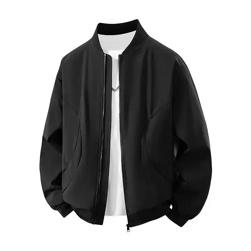 Menswear Men’s Black Baseball-Collar Flight Jacket, Spring-Autumn Lightweight Windproof Waterproof Casual Outerwear, Slim-Fit Dropped-Shoulders Zip-Up Top, Wrinkle-Resistant Easy-Care Solid-Color for Daily Outings Commuting