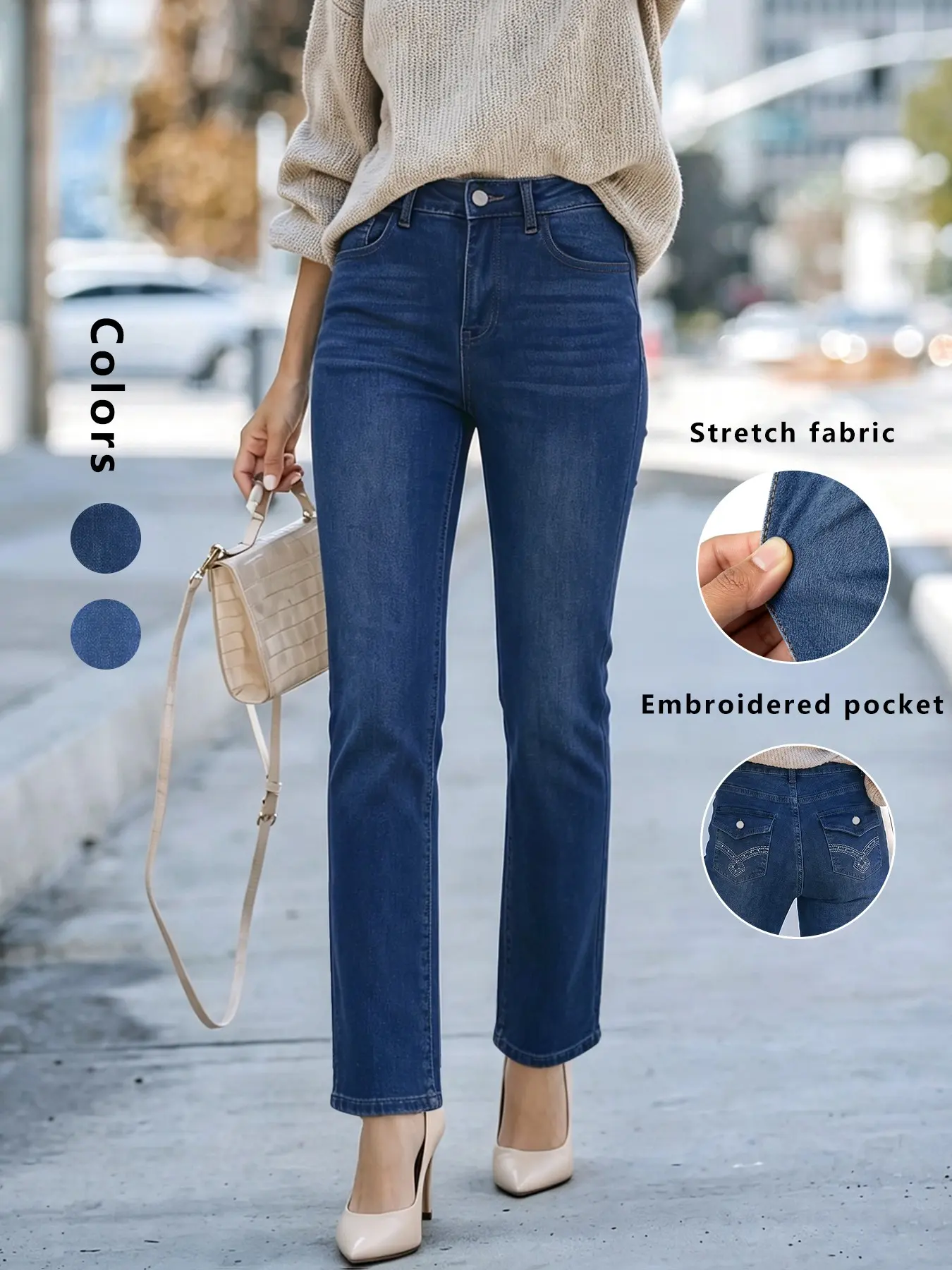 Women's High-Waisted Straight Leg Jeans, Embroidered Back Pockets, Slim Fit Stretch Denim, Perfect for Daily Wear, Casual All-Seasons