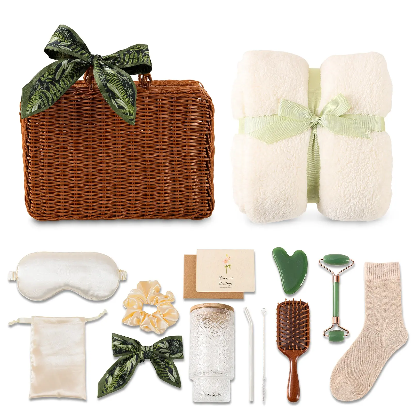 1Set Vintage Wicker Gift Basket Set, including blanket, silk eye mask, glass tumbler, gua sha tool, wooden massage comb, hair accessories, socks and greeting card, spa gift for women's birthdays and holidays
