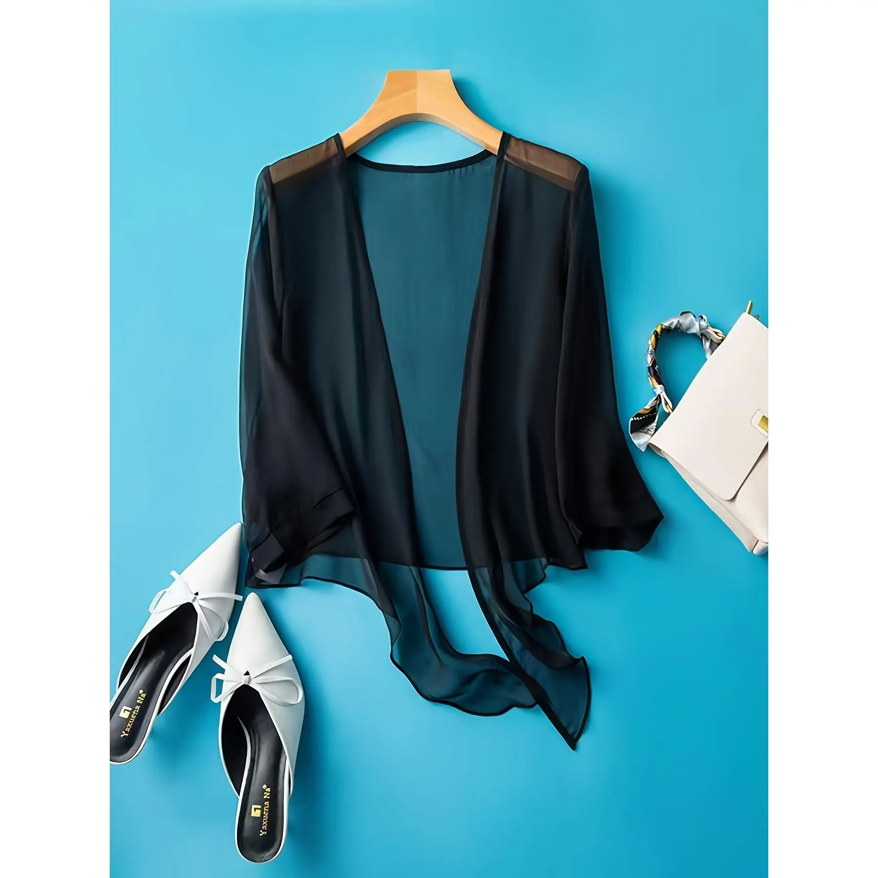 Women's ASD1 2026 Spring-Summer Top Short-Sleeve Solid Woven Chiffon Shawl Coat - Open Placket, Lightweight Non-Elastic Easy-Care Fabric, Sun Protection Cardigan, Commuting Small Size Polyester Accessory, Machine Wash & Dry Clean