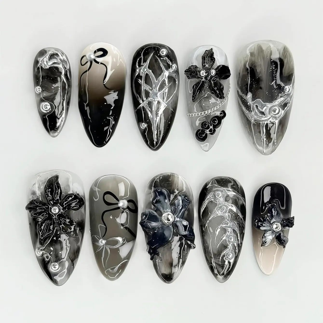 10pcs Handmade Long Almond Press on Decorative Nails, Gothic Ombre, 3D Floral, Silver Color Lines, Bow & Pearl Decor, Y2K Style False Nails