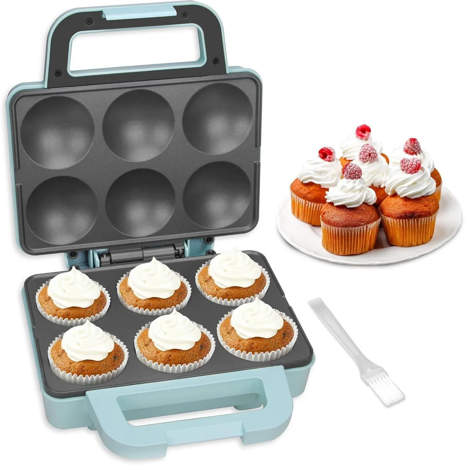 Aqua 6-Slot Home Baking Cupcake Maker Machine, Bakes 6 x 2.5 in Round Cups, Muffins, Cinnamon Buns, Cool-Touch Handle, Non-Stick Coating, Recipe Included, Six Slots
