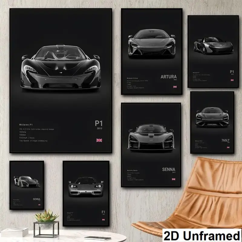 7pcs Luxury Background Supercar Posters, Mclaren P1/senna High-Definition Illustrations, Trendy Car Theme Wall Art for Gaming Studio