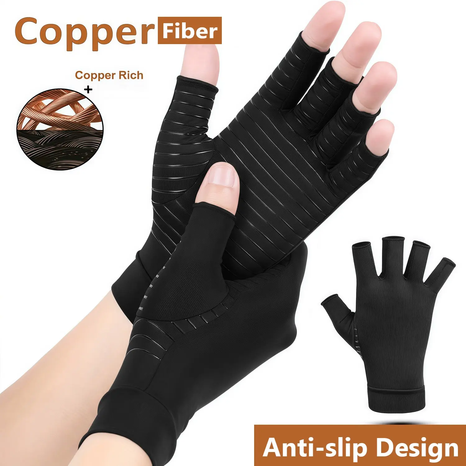 2-Pack Copper Infused Fingerless Arthritis Compression Gloves, Breathable Stretch Hand Support Sleeves, Comfort Knit Hand Covers for Daily Hand Care, Typing, Exercise & Fitness, Unisex for Men & Women, Anti-slip Grip Design