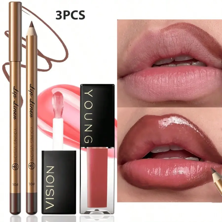 3Pcs Lip Combo Set, 2 Matte Pointed Lip Liners For Lip Shaping, 1 Square Tube Moisturizing Mirror Lip Gloss, Create European Plump Mirror Lips, Suitable For Daily Commute Party Travel Lip Beauty Makeup