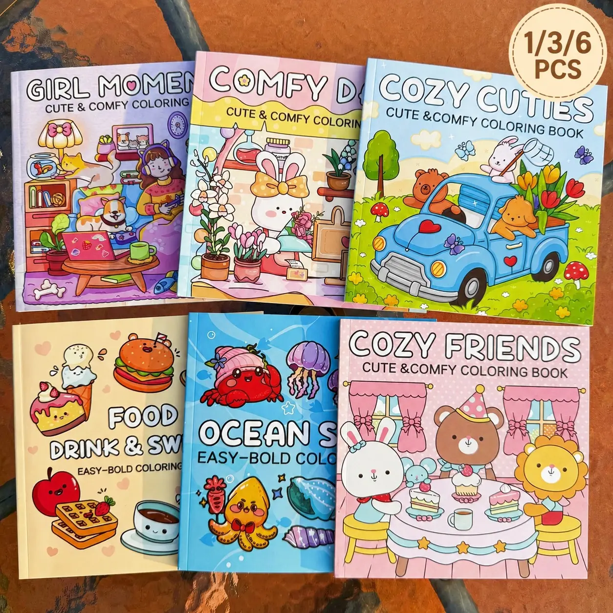 1/3/6 Pack of Super Cute and Simple Coloring Books - Stress relieving art therapy, relaxing scenes and cute characters, perfect gift for young and old alike!