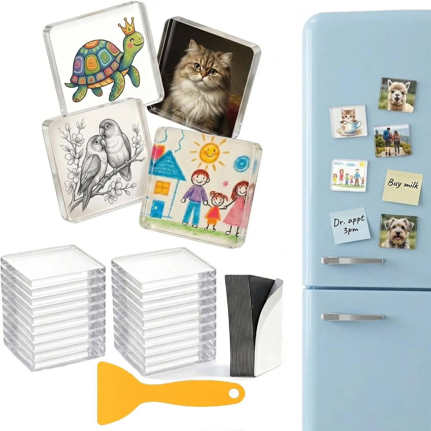 DIY Photo Magnet Kit, 20 Pcs Square Acrylic Fridge Magnet Making Kit with Adhesive Backing, Magnetic Sheets, Custom Photo Magnets for Crafts, Classroom, Gifts & Home Decor, 2"x2"x0.2"