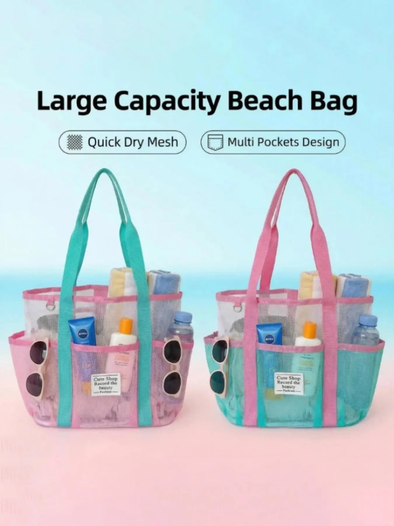 Pink Swimming Bag Large Capacity Vacation Getaway Beach Bag Portable Tote Mesh Sport Storage Bag Breathable Travel Toiletry Shower Bag
