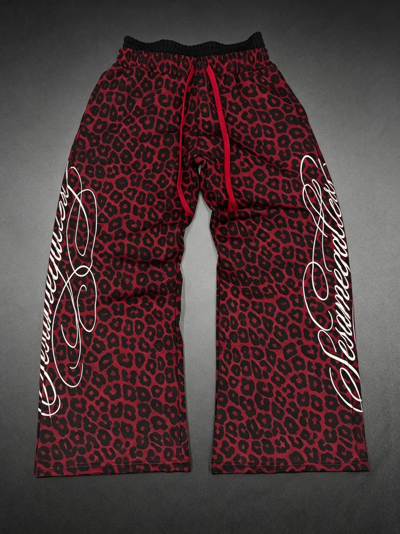 Leopard Print Waistband Street Style Sweatpants, Floral Lettering Micro Flare, Trendy Urban Fashion, Comfortable & Stylish