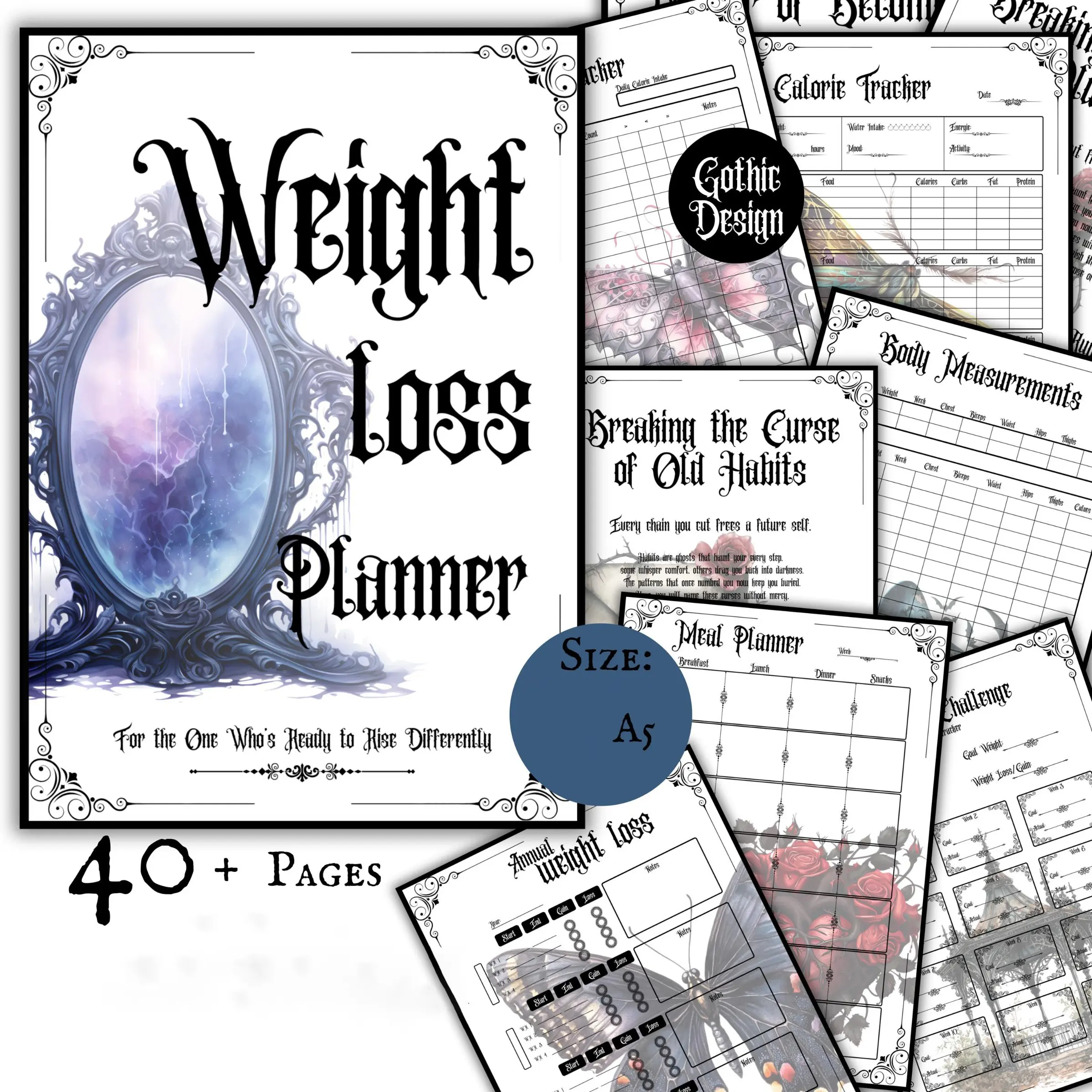Gothic Weight Loss Planner & Fitness Journal, Meal Planner, Minimalistic Tracker, Workout Log for Adults, Dark Aesthetic Design