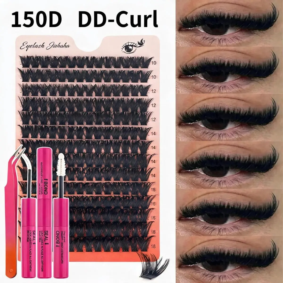 196‑Cluster 150D DD‑Curl DIY Lash Kit with Glue & Tweezers, 10‑18mm Mixed Length, 0.05mm Thin Stem, Fluffy Feather‑Light Reusable Lashes, Waterproof Long‑Lasting, Easy At‑Home Self‑Application for Daily & Party Makeup