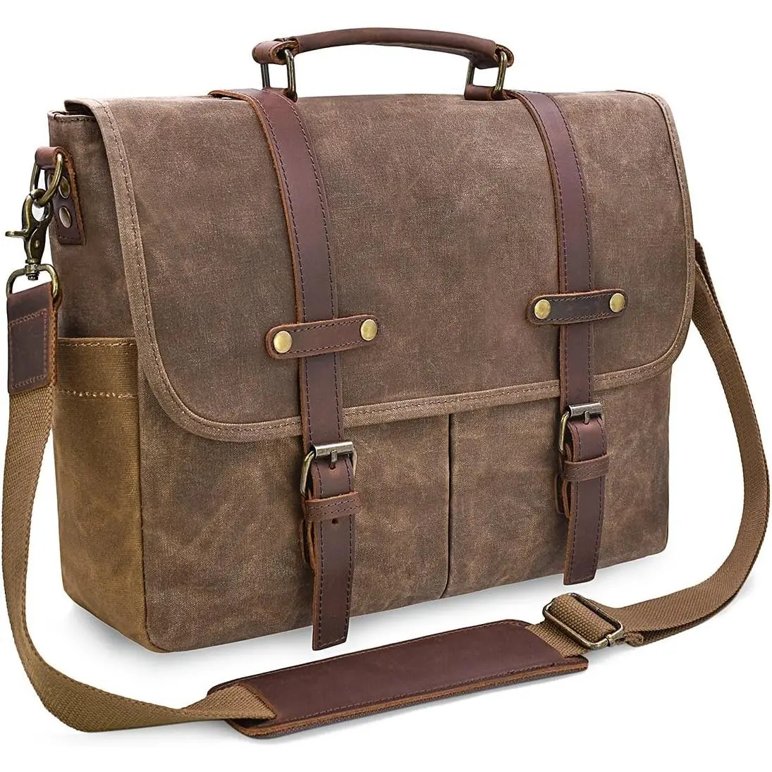 Mens Messenger Bag 15.6 Inch Business Office Work Briefcase Brown | ,  , Waxed Canvas, Large Satchel  Bag, Rugged Leather  Laptop Bag