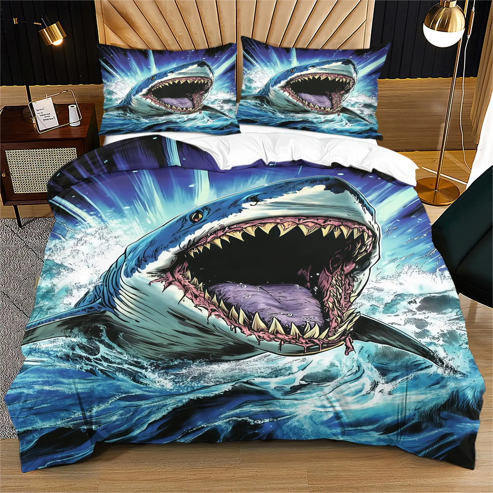 Shark print pattern duvet cover set, including 1 duvet cover and 1 or 2 pillowcases, without a core or pillow, suitable for bedroom or dormitory bedding set, suitable for gift giving or personal use