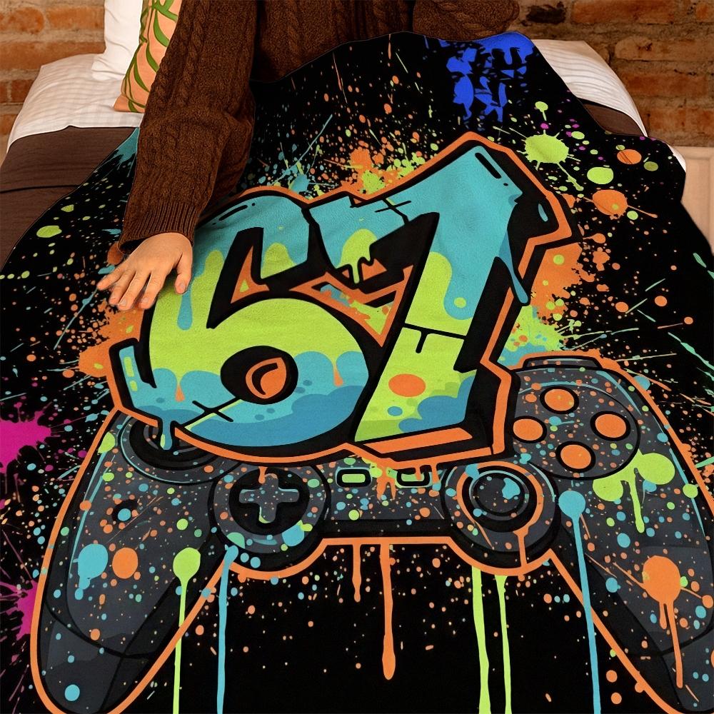 2D Flat Printing 1pc  Brightly colored graffiti-style handle with numbers 67 Pattern Printed  Blanket Flannel Fleece All Season Light Weight Living Room/Bedroom Warm Blanket
