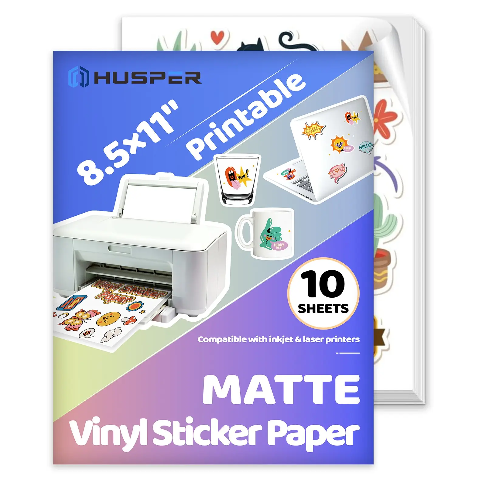 10 Sheets Letter Size Matte Printable Vinyl Sticker Paper, 8.5x11" Self-Adhesive Inkjet Compatible, Tear-Resistant Labeling Paper