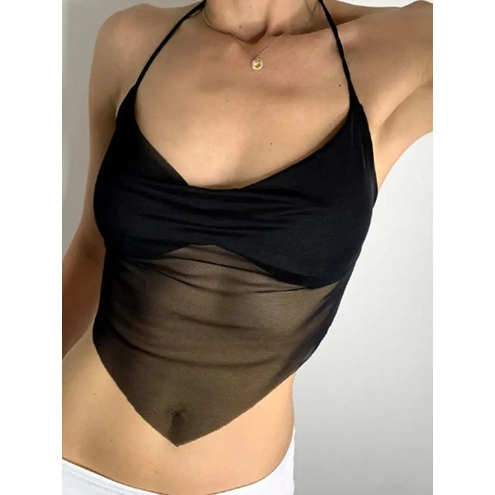 Sexy Transparent Mesh Halter Tops Women V-neck Backless Korean Solid Crop Tops Fashion Korean Camisole 90s Tee