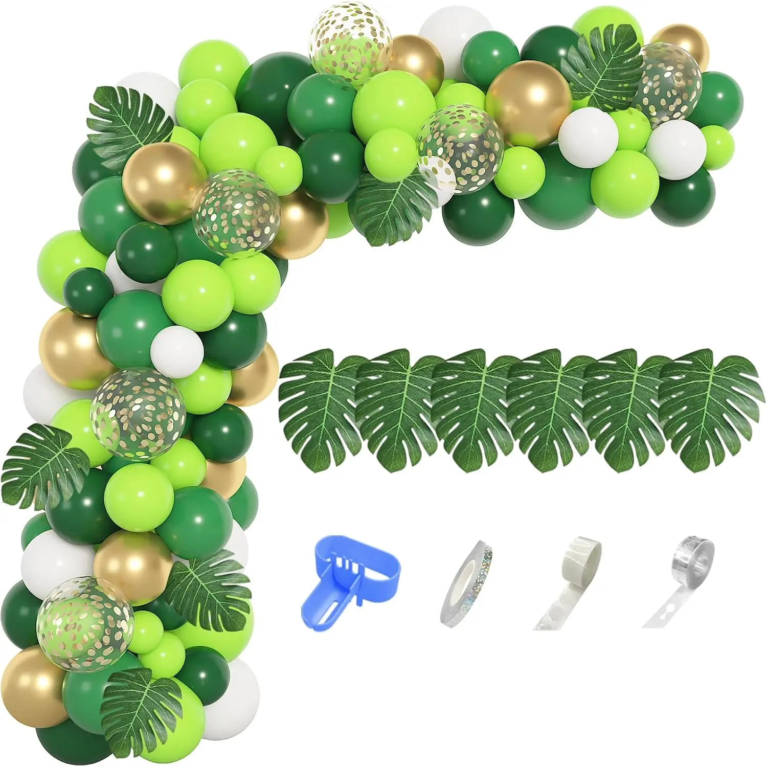 Amandir 163Pcs Jungle Party Balloons Garland Arch Kit, Gold Lime Green Balloons with Artificial Tropical Palm Leaves for Dinosaur Safari Decorations Wild One Birthday St Patricks Day Party Supplies