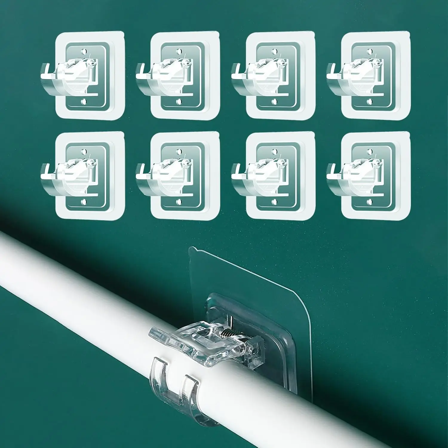 8-Pack Stainless Steel No-Drill Round Curtain Rod Holder Hooks, 0.8in Diameter Bracket-Fit, Adhesive Mount Smooth Ceramic Household Hooks, Transparent Decorative Plastic Organiser Accessory (Great Gift Option, Fits Smooth Rods, 8-Pack Value)