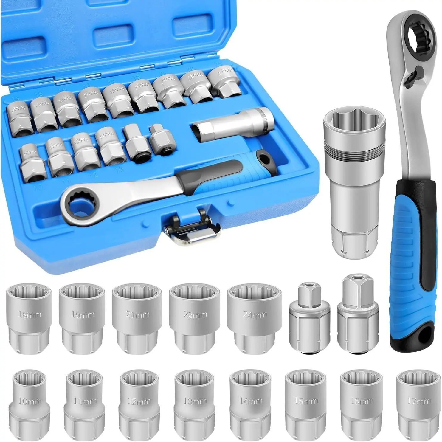 17PCS Chrome Vanadium (Cr-V) Steel Metric Pass Through Socket Set - Deep Sockets, Reversing Ratchet, Extension Bar, Adapter, Low Profile, Ratcheting Grip, Space-Saving, Accessible, Efficient, Dependable (millimeters)