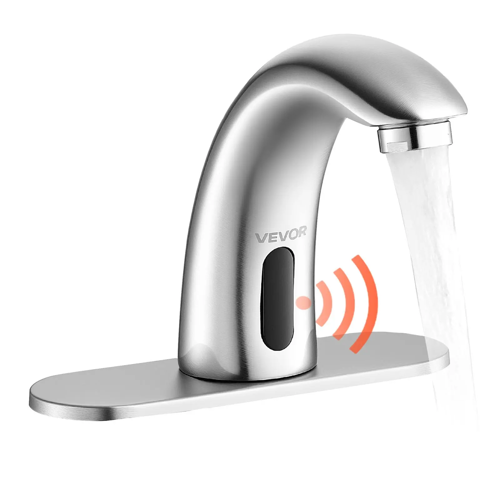 VEVOR Touchless Bathroom Sink Faucet, Automatic Motion Sensor Restroom Toilet Faucet with Hole Cover Plate, Battery Operated, Adjustable Temp for 9/16 in Pipe Commercial Lavatory, Brushed Nickel Silver