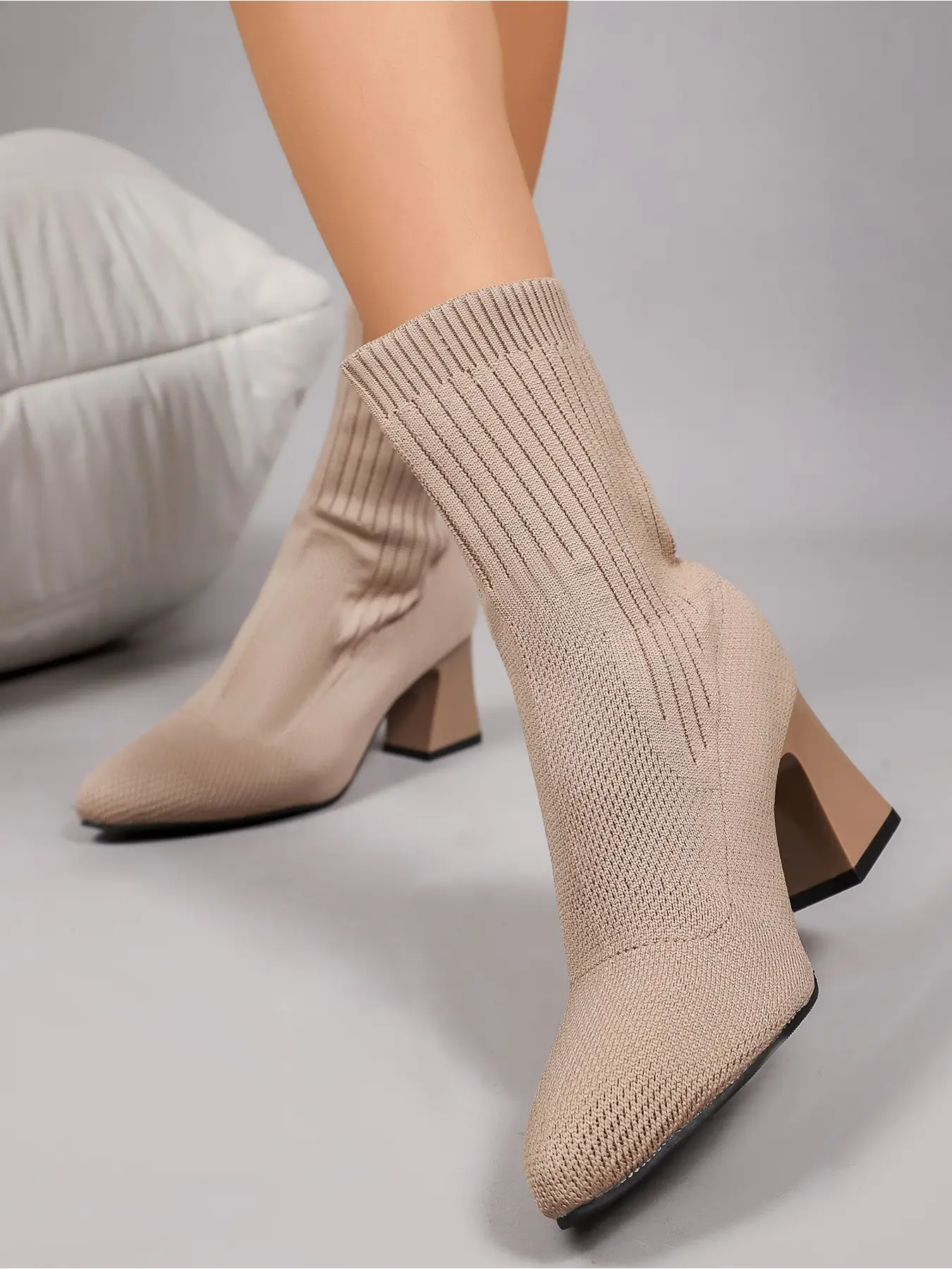 Women Stretch Knit Sock Ankle Boots Square Toe Block Heel Slip On Minimalist Daily Dress Booties