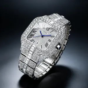 Men Fully Iced Out Square Automatic Watch, All Over Micro Pave Diamond Encrusted Roman Numeral Dial Luxury Wristwatch, Silver Stainless Steel Diamond Band Calendar Dress Watch for Business Hip Hop Party