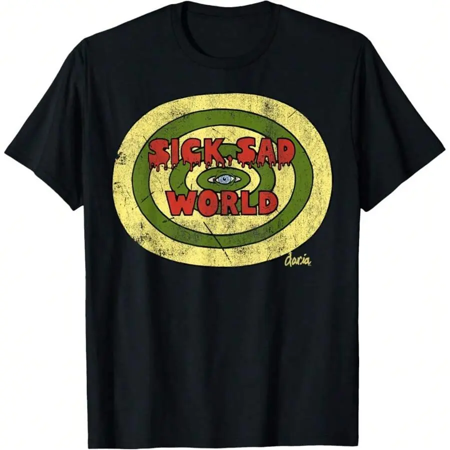 Women's Daria Sick Sad World Cotton T-Shirt - Short Sleeve, Round Neck, Regular Length, Eye Logo Print, Text Graphic, Casual Funny Sports Top, Casual Cut