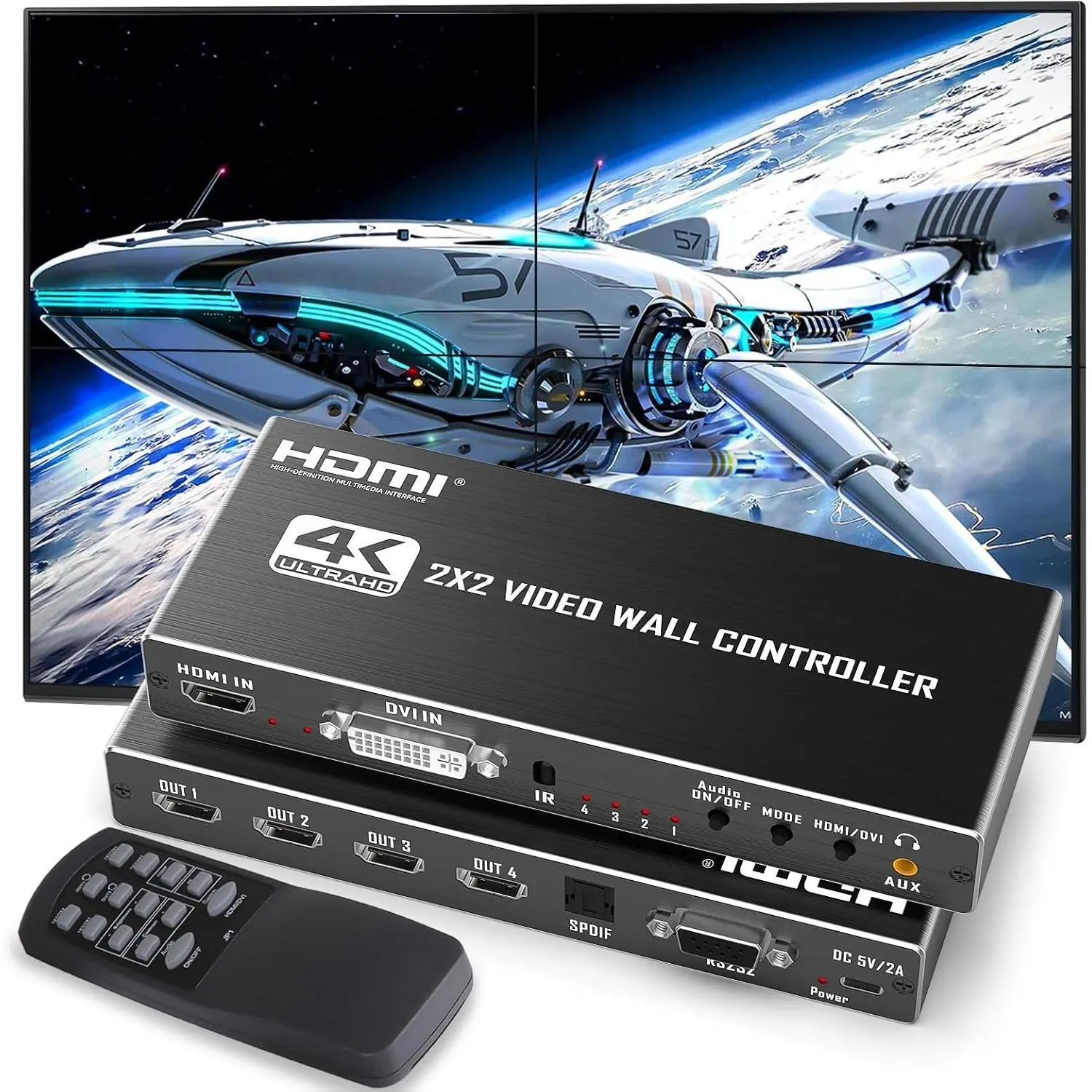 4K HDMI Video Wall Controller 2x2 with RS232 and DVI Processor