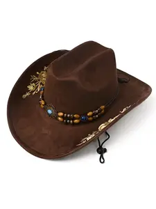 Vintage Western Cowboy Hat, Faux Suede Wide Brim Embroidered Hat, Turquoise Beaded Accessory, Unisex Sun Hat for Outdoor Activities, Classic Cowboy Hat