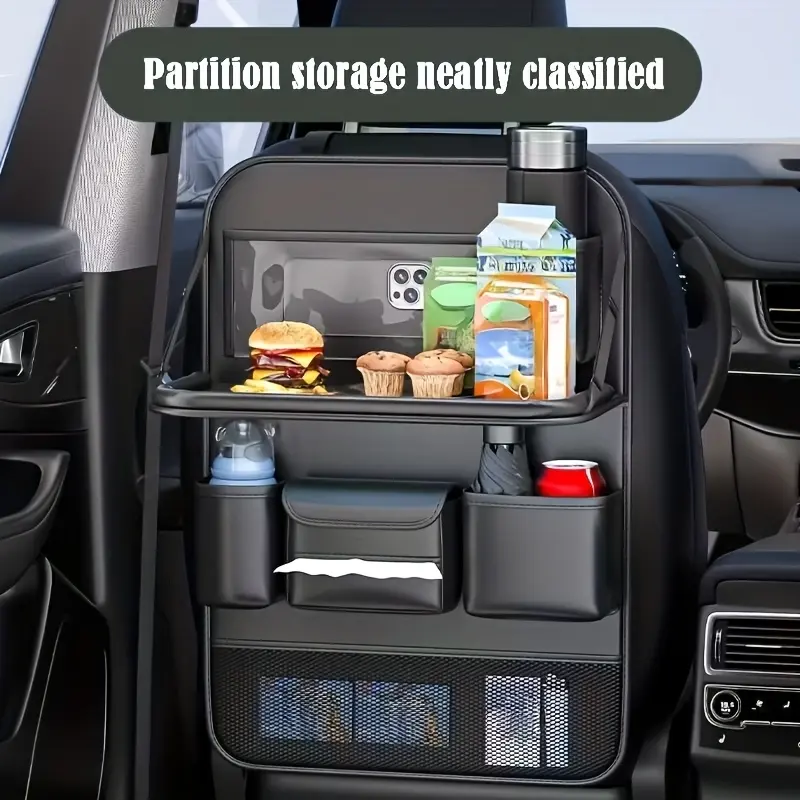Multifunctional Seat Back Protector, PU Leather Organizer with Folding Tray, Cup Holder & Notebook Rack, Ideal Car Interior Accessory, Auto Interior Accessories for Road Trips & Daily Use