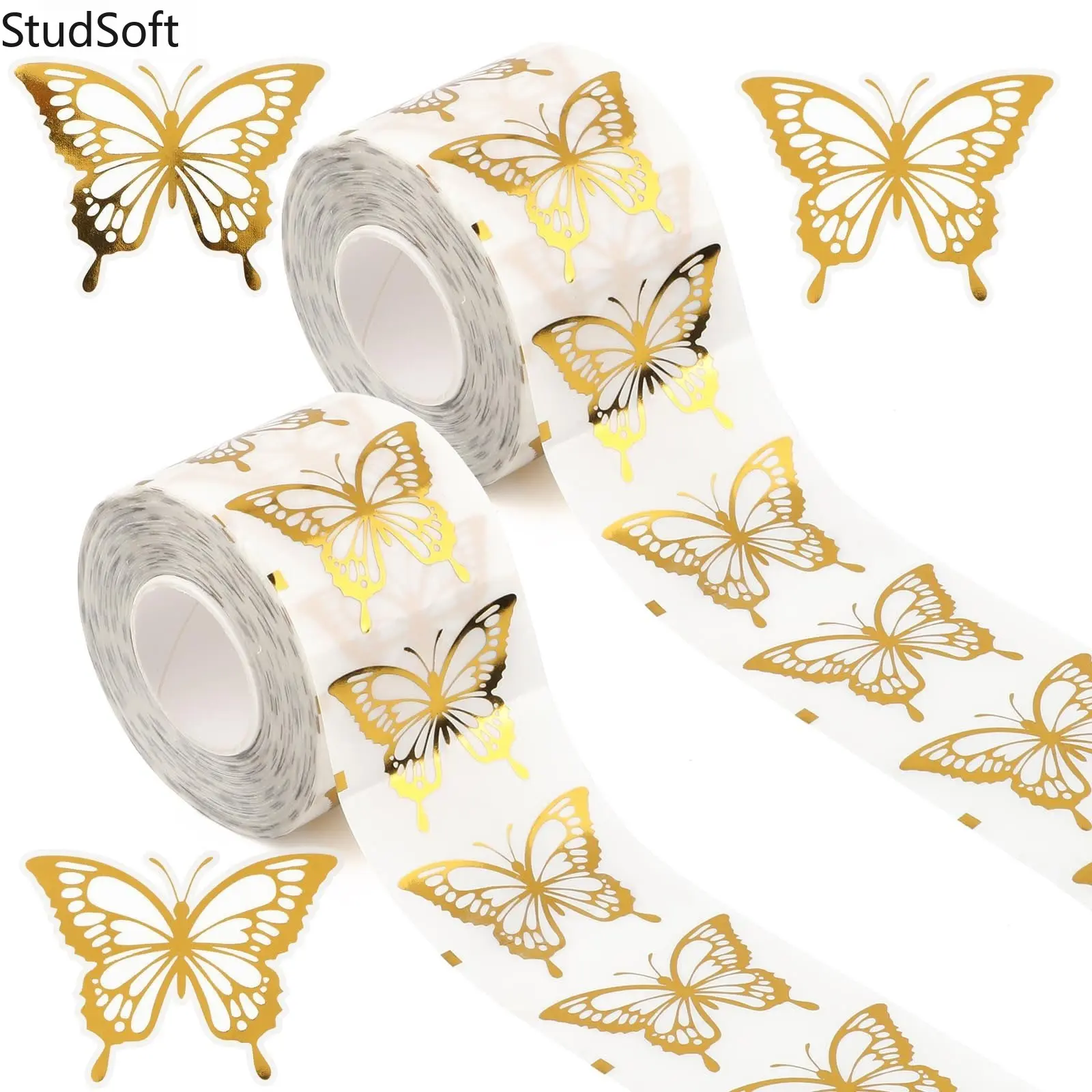 500Pcs Metallic Foil Butterfly Roll Shaped Labels, Gold Sticker Roll for Wedding Invitation Envelope Sealing, Small Business Packaging Decor