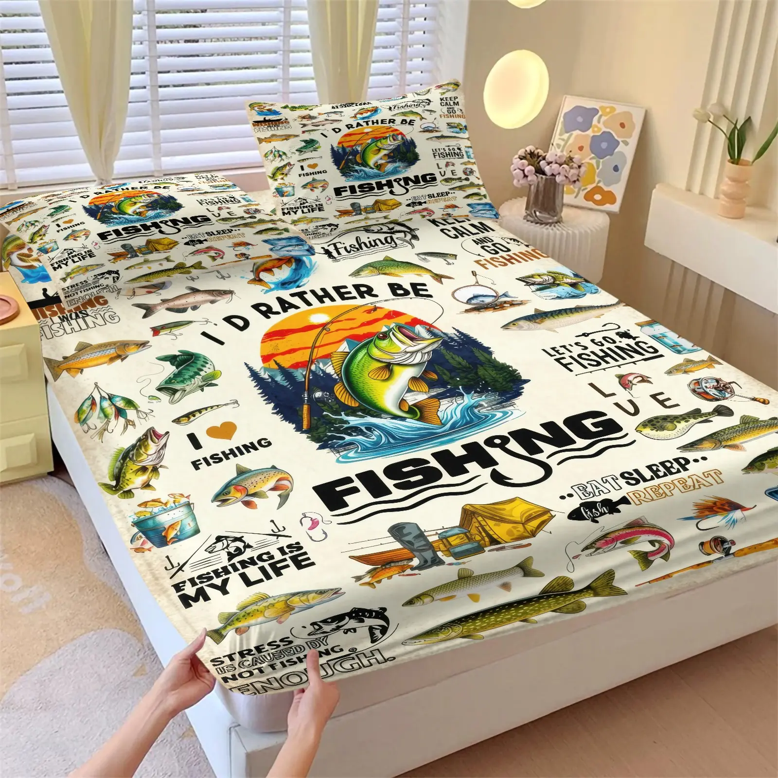 Retro Freshwater Fish Fisherman Quote Fitted Sheet Set, 1 Fitted Sheet + 2 Pillowcases - 3 Piece, Soft Microfiber Deep Pocket Design All Season, Country Outdoor Bedroom Decoration, Gift for Angler Enthusiast