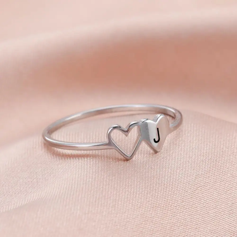 Unisex Adjustable Double Heart Open Loop Initial Rings, 26-Letter Custom Alloy Stainless Steel Love Symbol Casual Jewelry Gift for Tetherball & Lawn Games Enthusiasts, Adjustable Initial Rings
