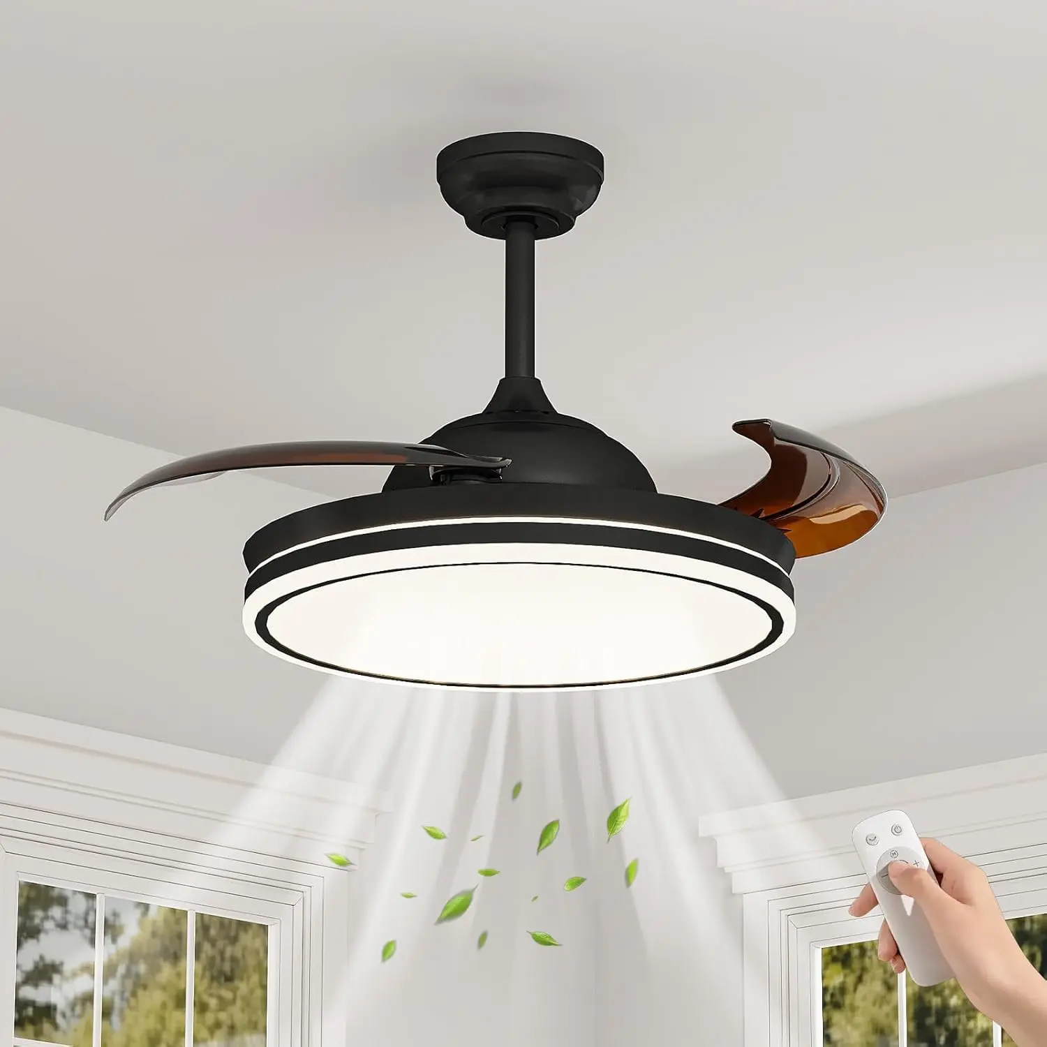 42" Retractable Ceiling Fan with Light - Invisible Blades, 36W Dimmable LED 3CCT - Quiet Pure Copper DC Motor, 6-Speed Remote, Reversible