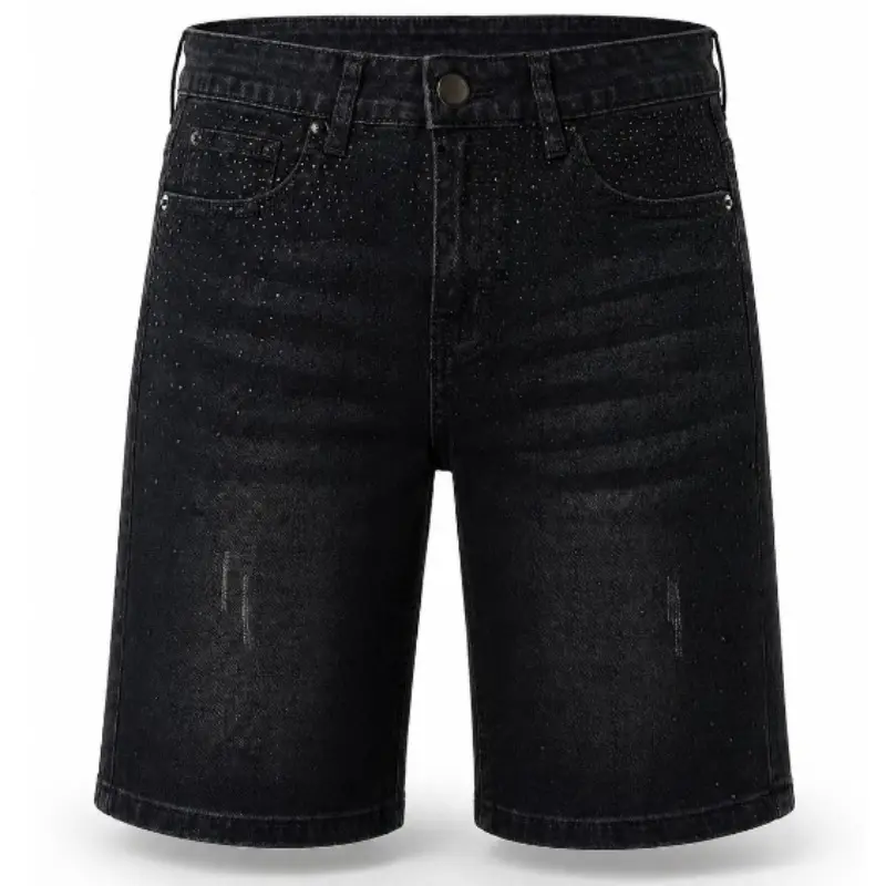 Men Gradient Sprinkled Rhinestone Denim Jean Shorts Vintage Black Grey Faded Wash Knee Length Regular Fit Zip Fly Five Pocket Y2K Hip Hop Club Night Summer Casual Bottoms