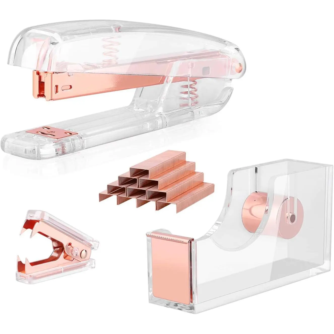 Rose Gold Acrylic Copper-Plated Desk Tool Kit Set - Stapler, Tape Dispenser, Staple Remover with 1000pcs 26/6 Staples, Compact Sizes for Home, Office