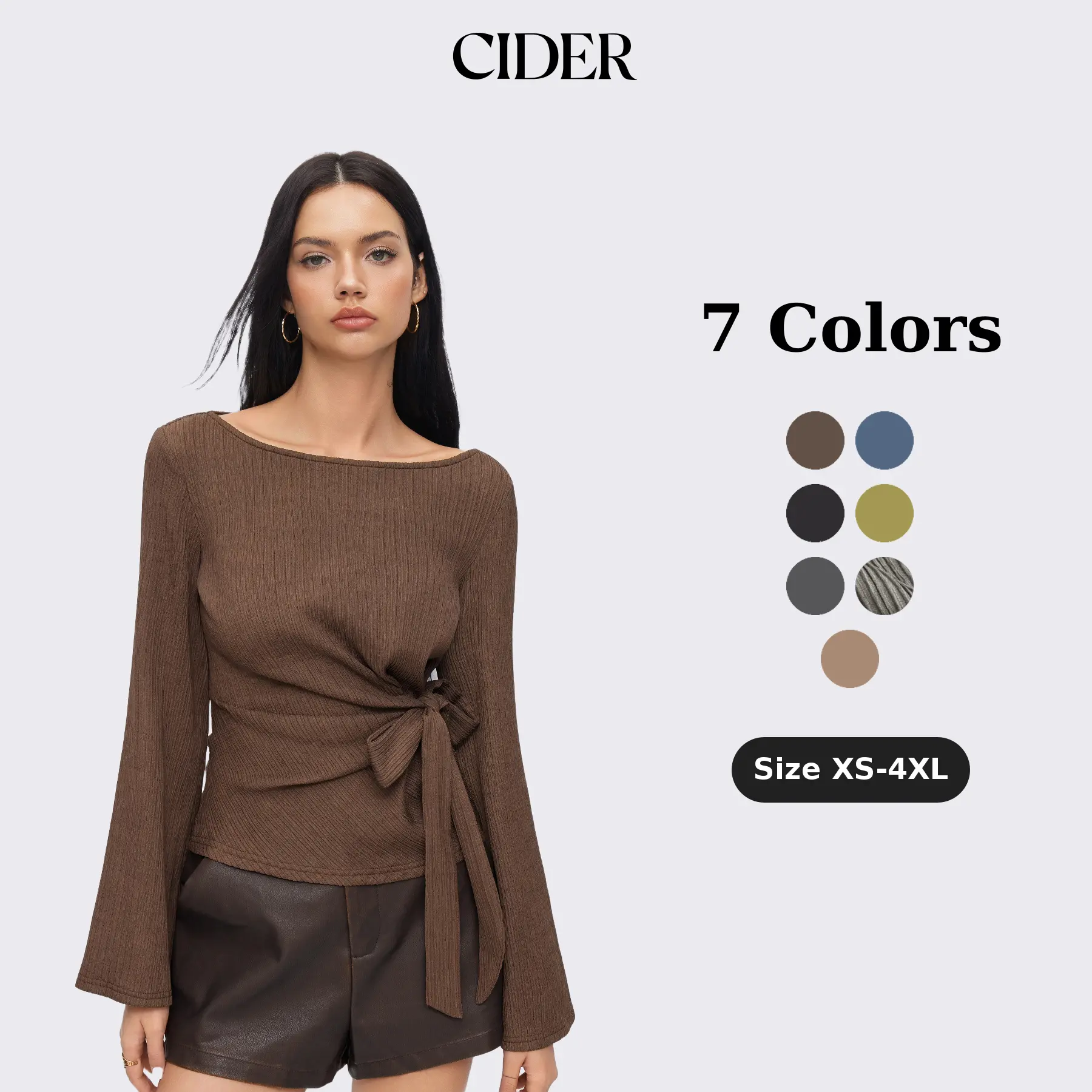 Cider Boat Neck Textured Side Knotted Ruched Long Sleeve Top SohoChic