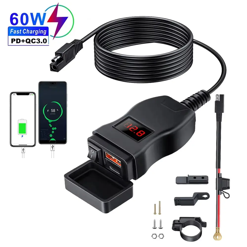 6.4A QC3.0 + PD Motorcycle USB Phone Charger, Waterproof 12V Power Adapter with Switch LCD Digital Display Voltage Meter Socket, Motorcycle Accessories, Motorbike, Motor Parts Accessories