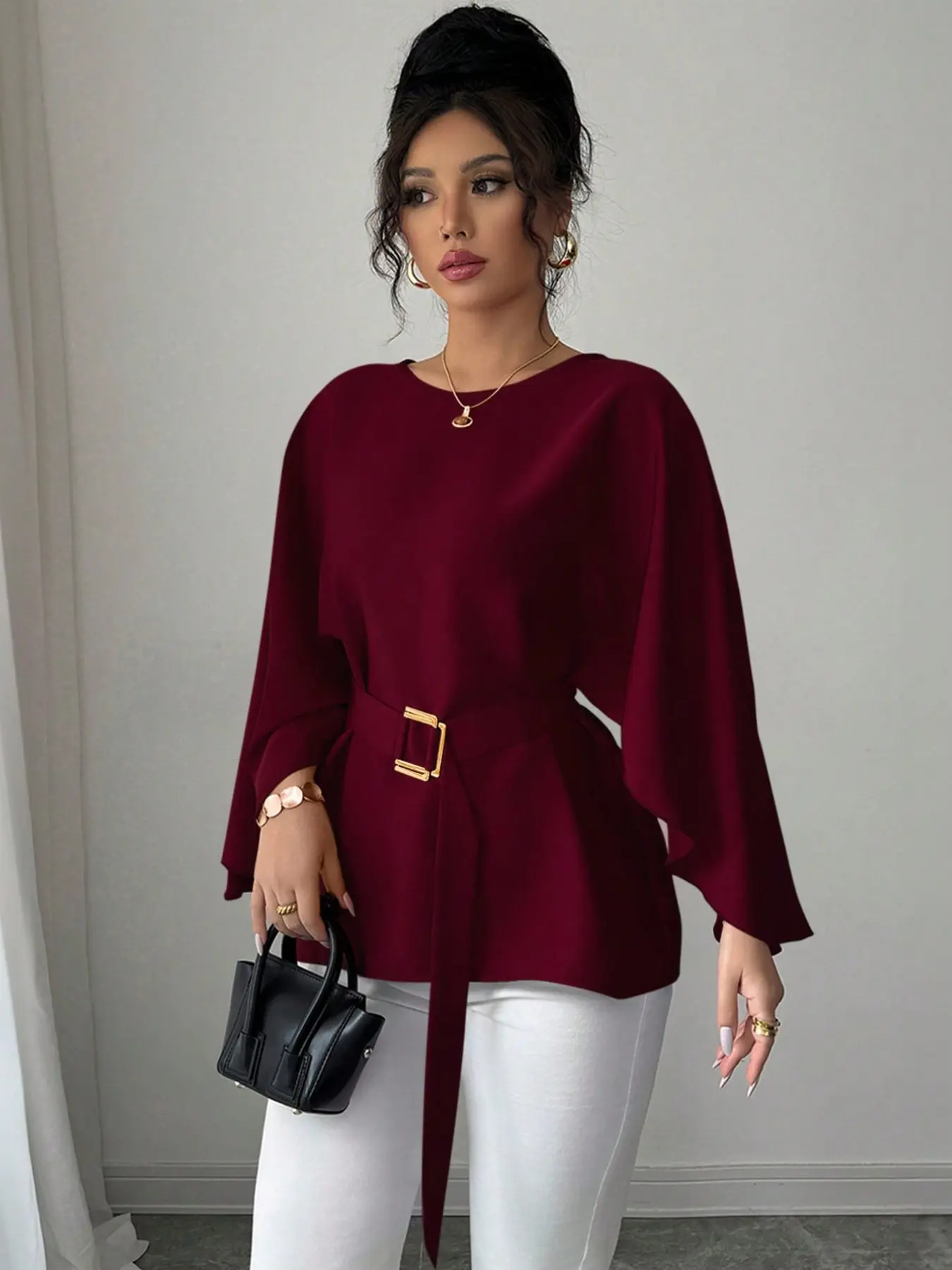 Women's Office Siren Belted Blouse, Long Sleeve Chic European Style Bat Sleeve Shirt, Casual Loose Fit with Ruffle Hem, Perfect for Daily Wear